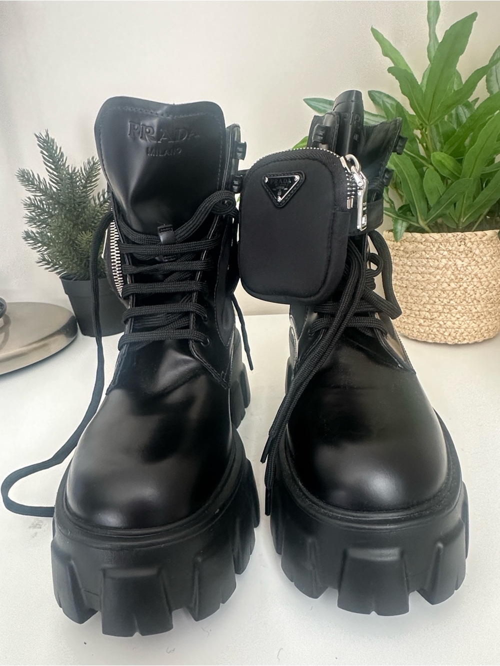 Prada Black Leather Chunky Lug-Sole Combat Boots with Detachable Pouch
